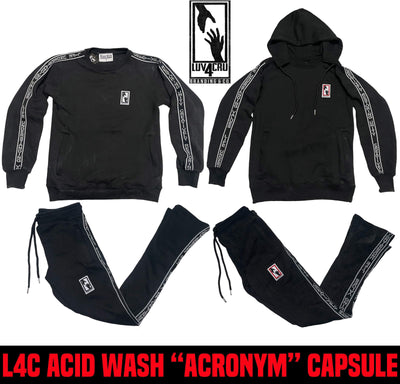 L4C Black "Acronym Acid Wash" Red Power of Hands Stacked Leg Pants